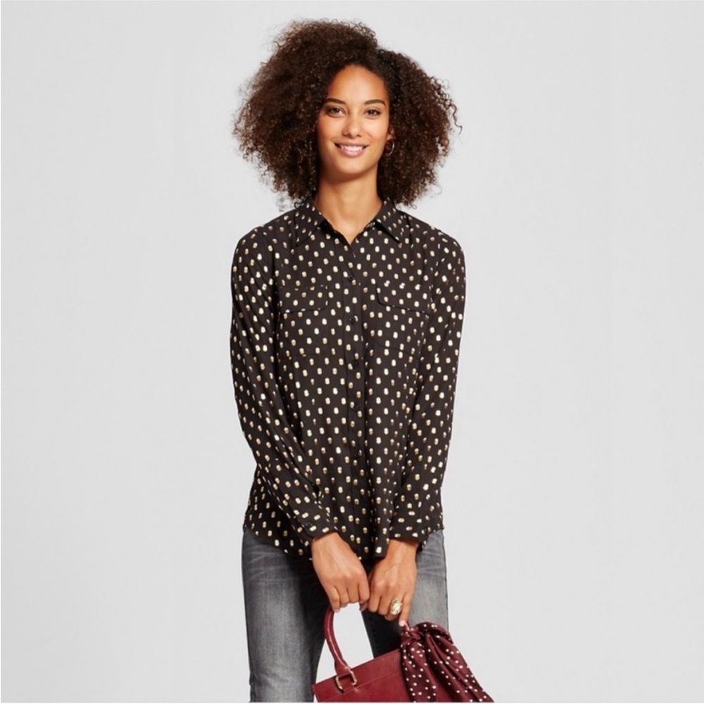 Who What Wear Polka Dot Button Down Collared Top Shirt Black Gold Breathable XS